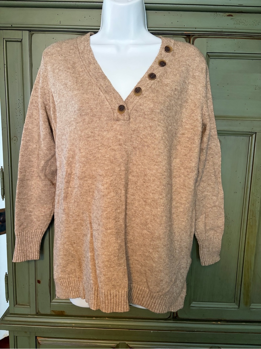 Anthropologie Tan Button-Accent V-Neck Pullover Sweater